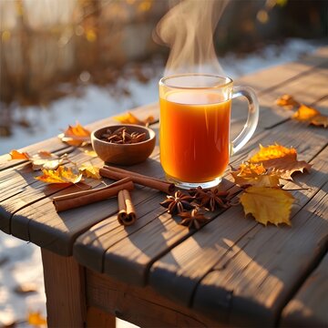 The comfort of Fall: Steaming cup of apple tea surrounded by Autumn leaves and seasonal warmth 
