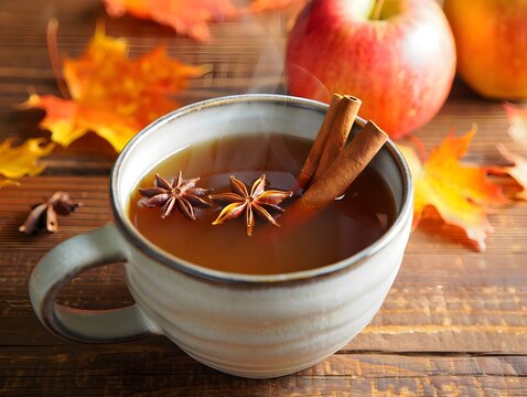 A warm Autumn sip: Spiced apple cider with cinnamon and star anise on a chilly afternoon