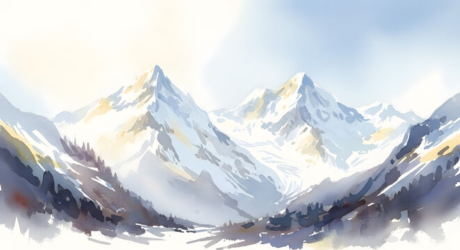Watercolor painting of a mountain landscape with snowcapped peaks and trees in the foreground, creating a serene and peaceful atmosphere