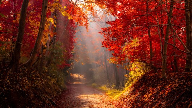 Autumn or fall morning in the forest covered with warmth and golden leaves