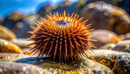 Close-up of a spiky, round sea creature on wet, sunlit rocks