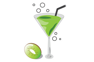 Illustration of Kiwi Cocktail Drink with Straw