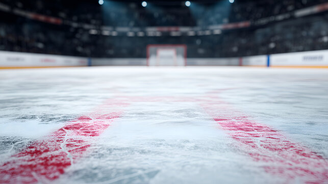 Close-up perspective of an ice hockey rink showcasing fresh ice, vibrant red lines, and the blurred backdrop of stadium seating.
