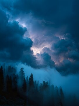 A dramatic stormy sky with dark clouds flashes of lightning and rolling fog looms over a dense forest during the twilight hours