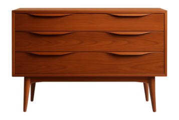 A mid-century modern dresser with tapered legs, teak veneer, and sculpted handles.