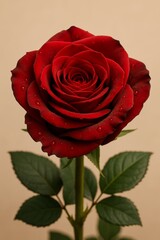 Fototapeta premium A close-up shot of a single, vibrant red rose in full bloom, displaying intricate petal details with water droplets, a symbol of love and beauty
