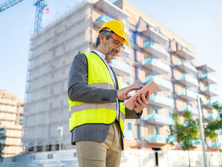 Architect man using tablet on construction site