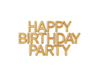 Celebrate in style with glistening gold Happy Birthday Party text, perfect for invitations, posters and social media graphics for festive, memorable events