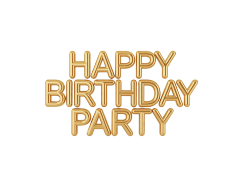 Celebrate in style with glistening gold Happy Birthday Party text, perfect for invitations, posters and social media graphics for festive, memorable events