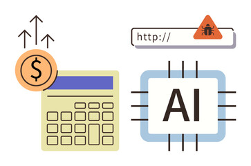 Dollar sign with growth arrows, calculator, AI chip, and warning sign for malicious websites. Ideal for finance, AI, technology, cybersecurity innovation data analytics online risk awareness. A