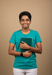 Indian college student holding books and smiling isolated on plain background