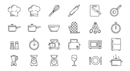 Cooking line icons, kitchen utensil and appliance vector set. Chef hat, pot, pan, whisk, microwave, blender, scale, toaster. Food preparation outline culinary symbols.