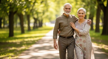 Happy Elderly Indian Couple Enjoying Walk in Sunny Green Park