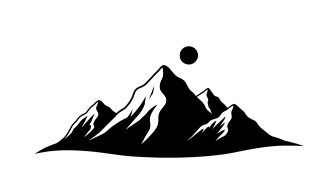 Fototapeta Mountain range silhouette vector illustration. Black and white minimalist icon of peaks with snow and sun or moon. Concept for outdoor adventure, travel, hiking, climbing logo.