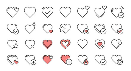 Heart line icon collection. Love, like, favorite, passion symbols. Check mark, star, plus sign. Approved, add to favorites, new notification. Social media user interface elements.