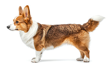 Adorable corgi standing alert, ready to play, a lovable companion with a fluffy tail and expressive eyes, perfect for pet lovers and family themes