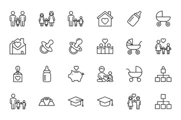 Family and parenting line icon set. Collection of pictograms for web and app. Baby care, newborn, childhood, education and relationship symbols. Mother, father, child, home icons.