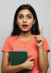 Indian college student holding books and smiling isolated on plain background
