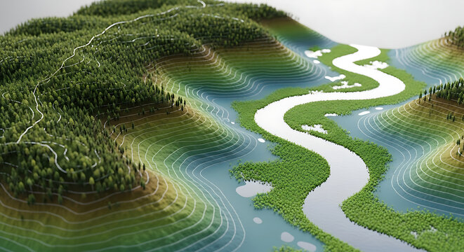 Aerial view of a winding river flowing through lush green forested hills and valleys with a textured topographic map overlay