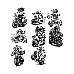 Collection of cartoon characters riding motorcycles in black and white sketch style