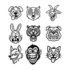 Collection of nine cartoon animal faces with exaggerated expressions