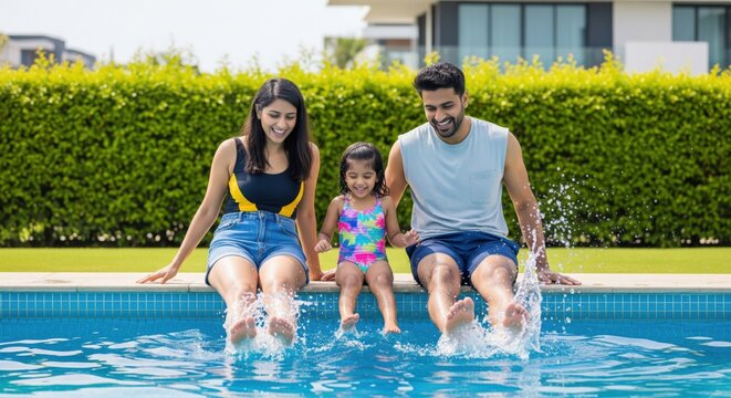 Happy Indian Family Splashing Water in Swimming Pool
