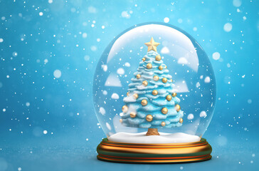 Enchanted snow globe with christmas tree, glass sphere showing illuminated xmas scene with snowflakes on festive light blue backdrop