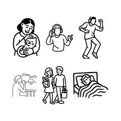 Collection of simple line drawings depicting various human activities and emotions