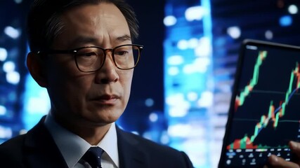 An Asian businessman in a suit and glasses looks intently at a tablet displaying a stock market graph. - Powered by Adobe
