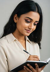 Indian college student holding books and smiling isolated on plain background
