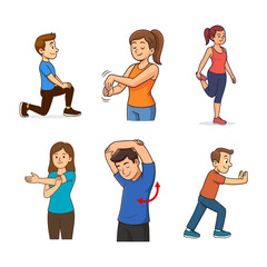 Diverse group of people performing various stretching exercises for fitness
