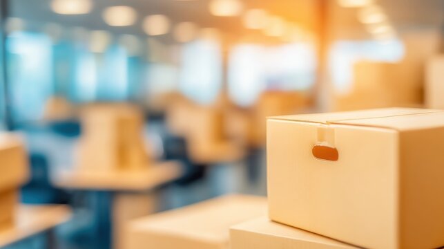 Shipping boxes stacked in a modern office space during daylight