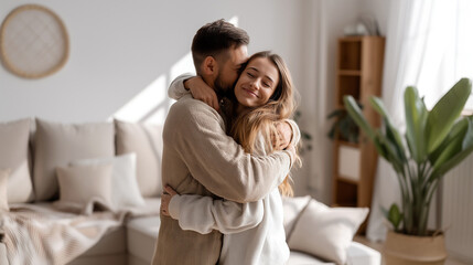Happy couple embracing and kissing at home in bright living room. Young man and woman hugging showing love and affection. Romantic relationship moment of intimacy, tenderness and joy together indoors.