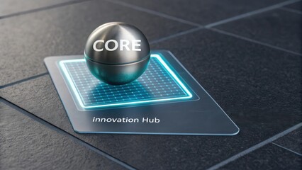Metallic sphere labelled CORE floating above innovation interface