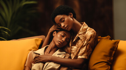 Fototapeta premium Two women supporting each other in difficult times. Emotional comfort, empathy and hope through gentle embrace. Friends sharing tender moment of care, compassion and solidarity on yellow sofa.