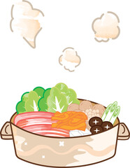 ほかほかの湯気が出ている鍋料理
