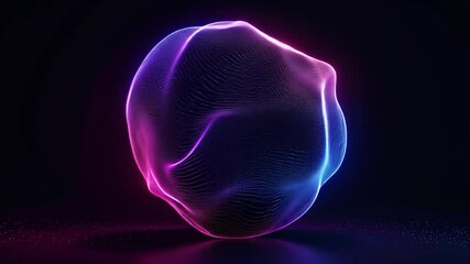 Abstract organic blob of neon pink and blue light, shimmering on a dark reflective surface with glowing particles