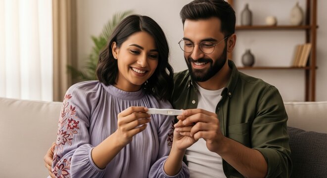 Happy couple finds out pregnancy test is positive
