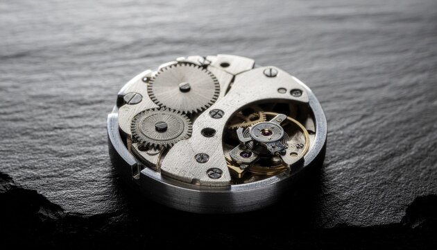 A deconstructed luxury watch, with its intricate gears and jewels laid out in an artistic, exploded-view arrangement on a dark, textured slate background. The lighting is dramatic and precise,