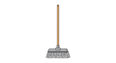 Cartoon mop with a wooden handle and a grey head, isolated on a white background ready for floor cleaning and basic hygiene concepts