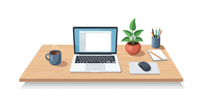 Modern home office setup with laptop, coffee, plant, and stationery symbolizing productivity and a comfortable workspace environment