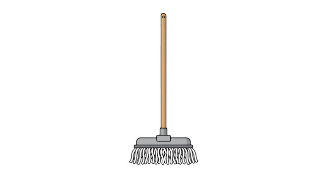Cartoon mop with a wooden handle and a grey head, isolated on a white background ready for floor cleaning and basic hygiene concepts