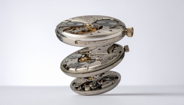 A floating, deconstructed luxury watch, with its intricate gears, springs, and jewels suspended in mid-air in an exploded-view arrangement. The background is a clean, bright white. Product