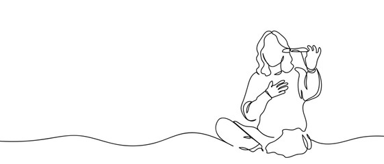 Woman holding a pregnancy test. Continuous hand drawn doodle line art vector illustration. Editable stroke.
