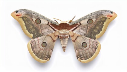 Fototapeta premium A beautiful moth with its wings made of an antique, faded star map. It is displayed as a scientific specimen, perfectly centered on a pure white background. Conceptual, celestial, high detail.