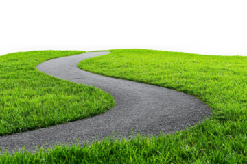 Winding asphalt path through vibrant green grass isolated on black walkway road