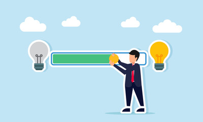 Businessman pulling a loading bar from a broken light bulb to a bright one illustration of progress in finding and achieving a business idea
