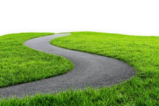 Winding asphalt path through vibrant green grass isolated on black walkway road