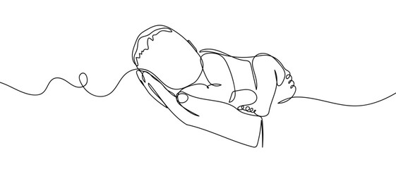 Baby lying on hand, continuous hand drawn doodle line art vector, editable stroke. © Proongnee