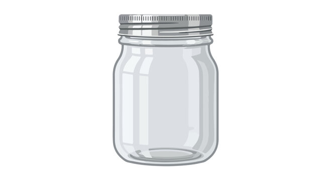 Isolated clear glass mason jar with silver metal lid, suitable for home canning and food preservation practices is depicted
